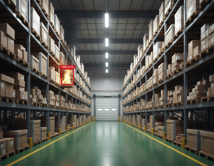 A warehouse aisle with stacked shelves of boxes, where an AI fire detection box highlights a small fire on an upper shelf.